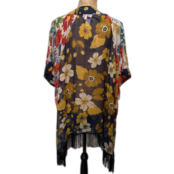 Kohls SO brand Dark Floral Kimono Sheer Open Front Fringe Trim Bohemian One Size - Picture 3 of 4